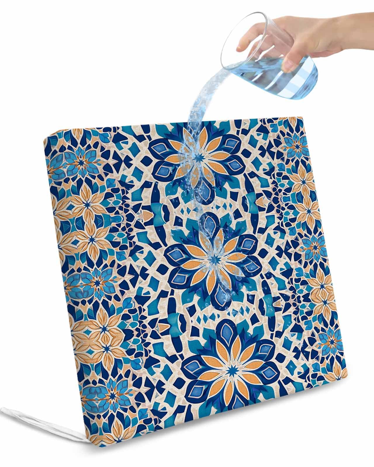 2 Pack Blue Morocco Waterproof Cushion Covers with Ties, Outdoor Patio Chaise Lounge Chair Seat Cushion Slip Covers Replacement(Only Cover) Boho Flower Abstract Rustic Tribal Patterns 24