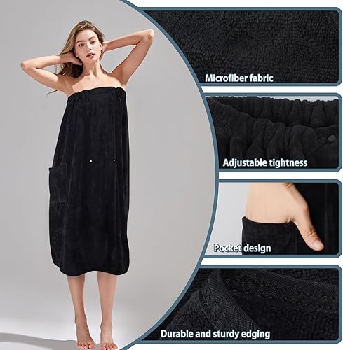 Miniatura 6 de SINLAND Toallas de baño de microfibra ligeras hasta la rodilla para mujer, con cierre ajustable, 32 x 60 pulgadas, color negro