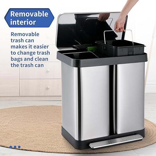 Miniatura 5 de Cubo de basura rectangular de 16 galones con doble compartimento, reciclaje manos libres, cubo de basura de acero inoxidable con tapa de cierre