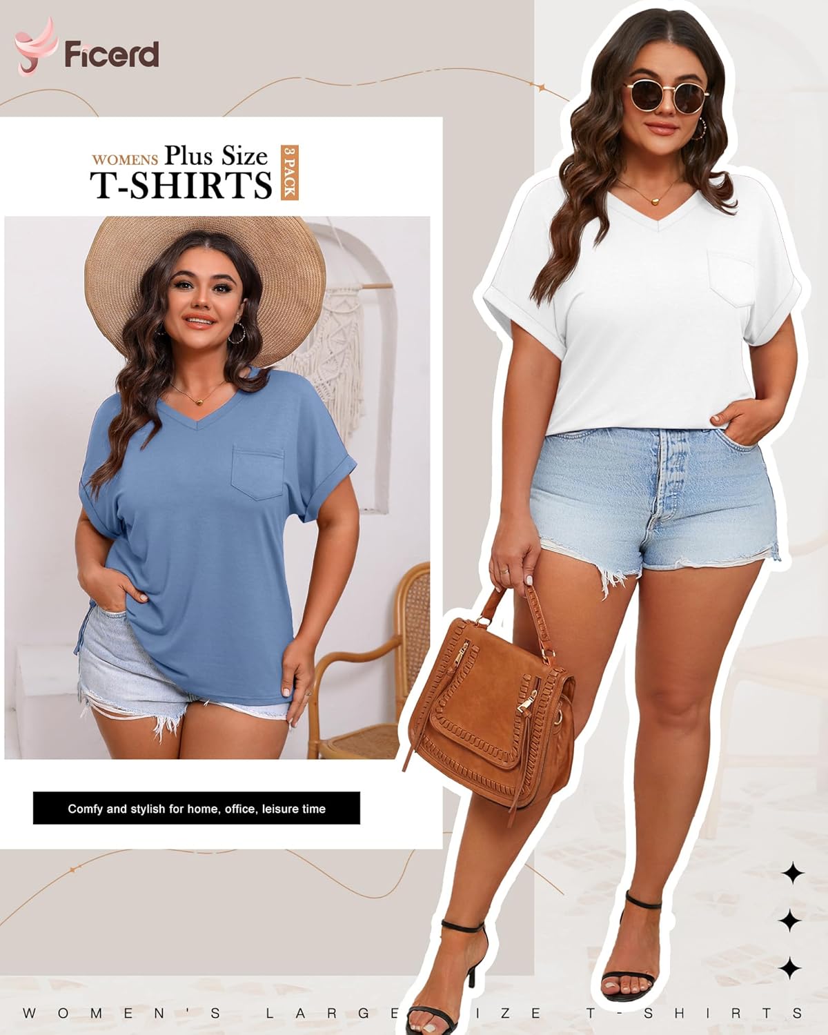 Ficerd 3 Pack Women's Plus Size T-Shirts, V Neck Short Sleeve Oversize Tunics Tops Sides Split Summer Loose Tees with Pockets - Image 3