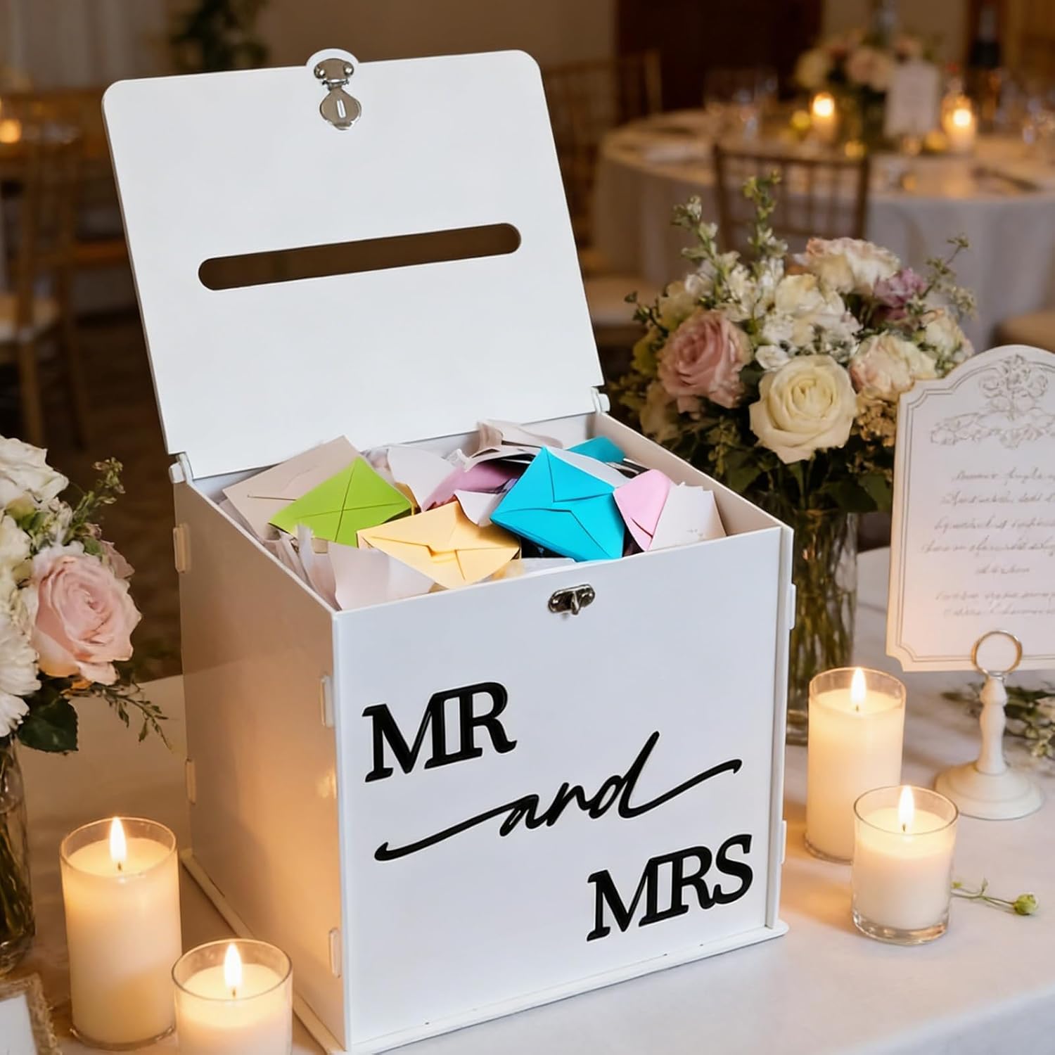 White Acrylic Card Box with Lock, DIY Wedding Card Boxes for Reception with Mr and Mrs 3D Pop Out Text, Envelope Money Gift Cards Box for Party Wedding Engagement Bridal Shower Table Decor