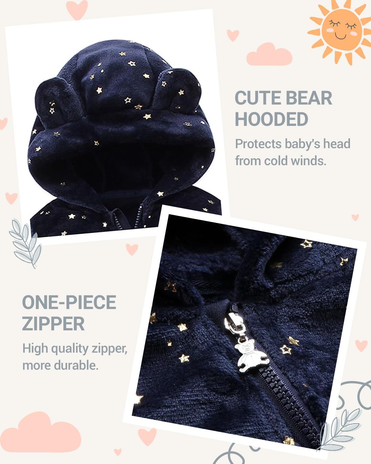 WYTbaby Baby Snowsuit Fleece Hooded Romper Toddler Footed Jumpsuit Onesie Thin Fall Winter Outfits - Image 5