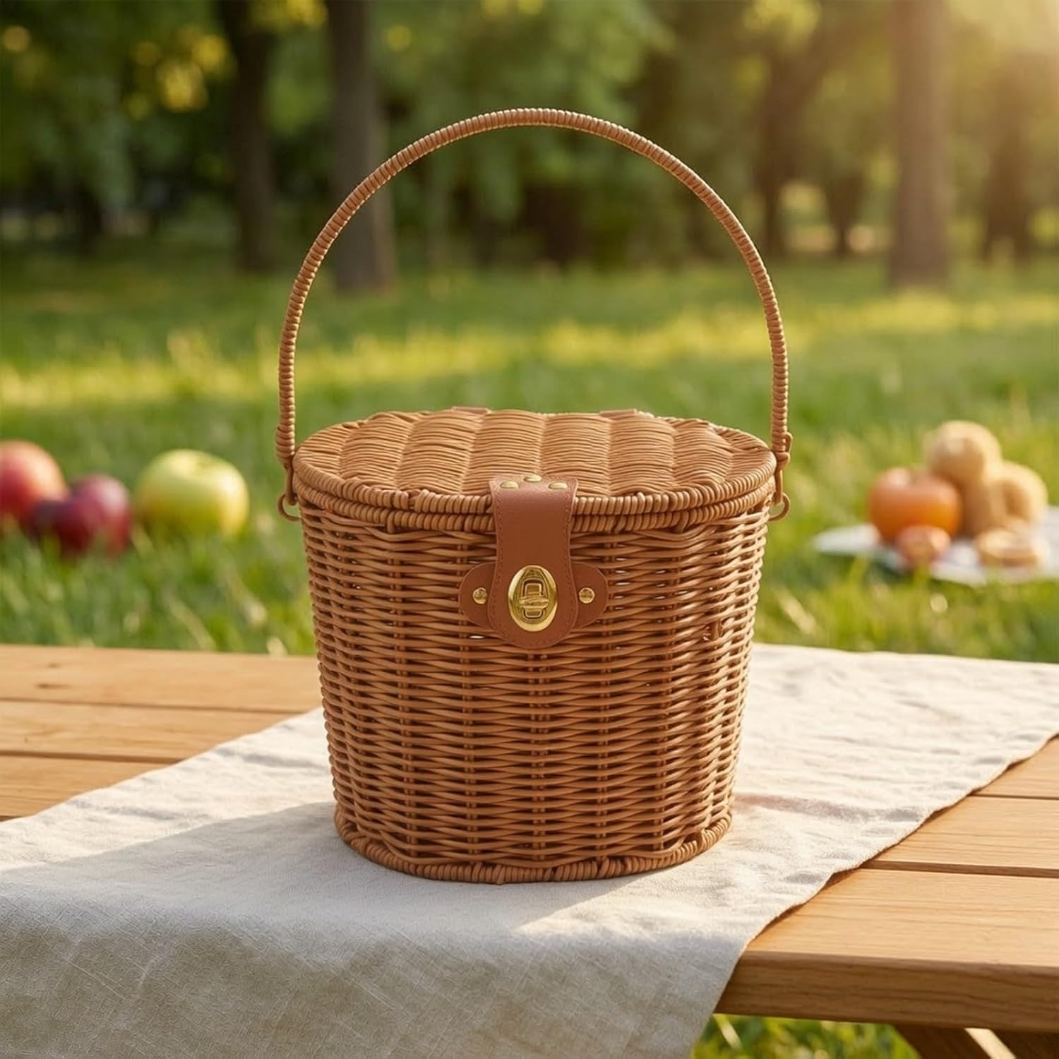 Handheld Oval Wicker Basket with Clasp | Faux-Leather Strap Detail, Picnic Basket with Handle, Easy to Carry, for Picnics, Gift Presentation, Home Organization, Without Cloth image 2