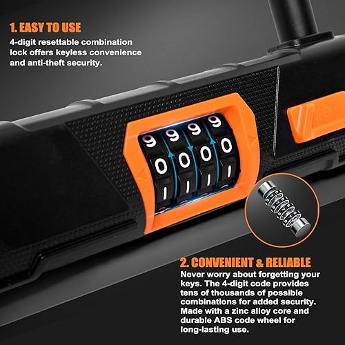 Miniatura 4 de Candado en U para bicicleta con cable de acero, cerradura antirrobo en U de bicicleta resistente, cerradura de combinación reiniciable de 4 dígitos