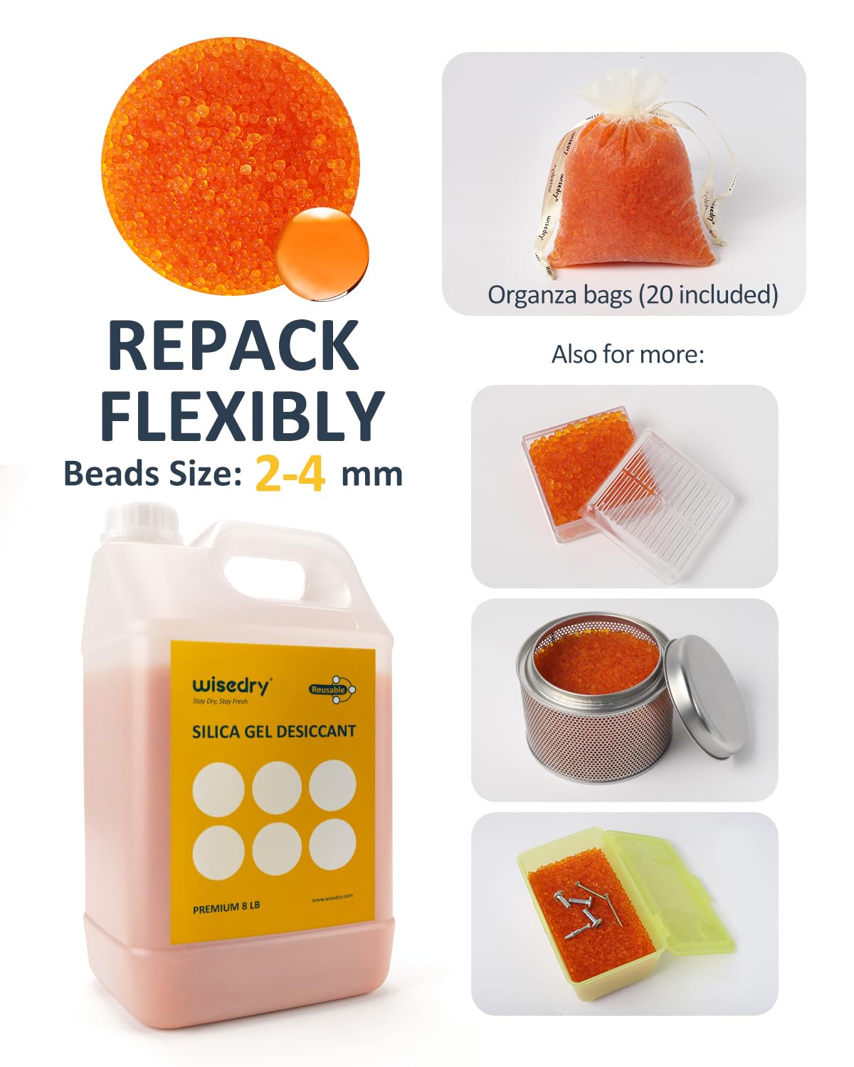 wisedry 3,6 kg [8 LBS] Kulki osuszające z żelem krzemionkowym wielokrotnego użytku ze wskaźnikiem koloru od pomarańczowego do zielonego Kulki o rozmiarze 2-4 mm do wielokrotnego napełniania klasy spoż