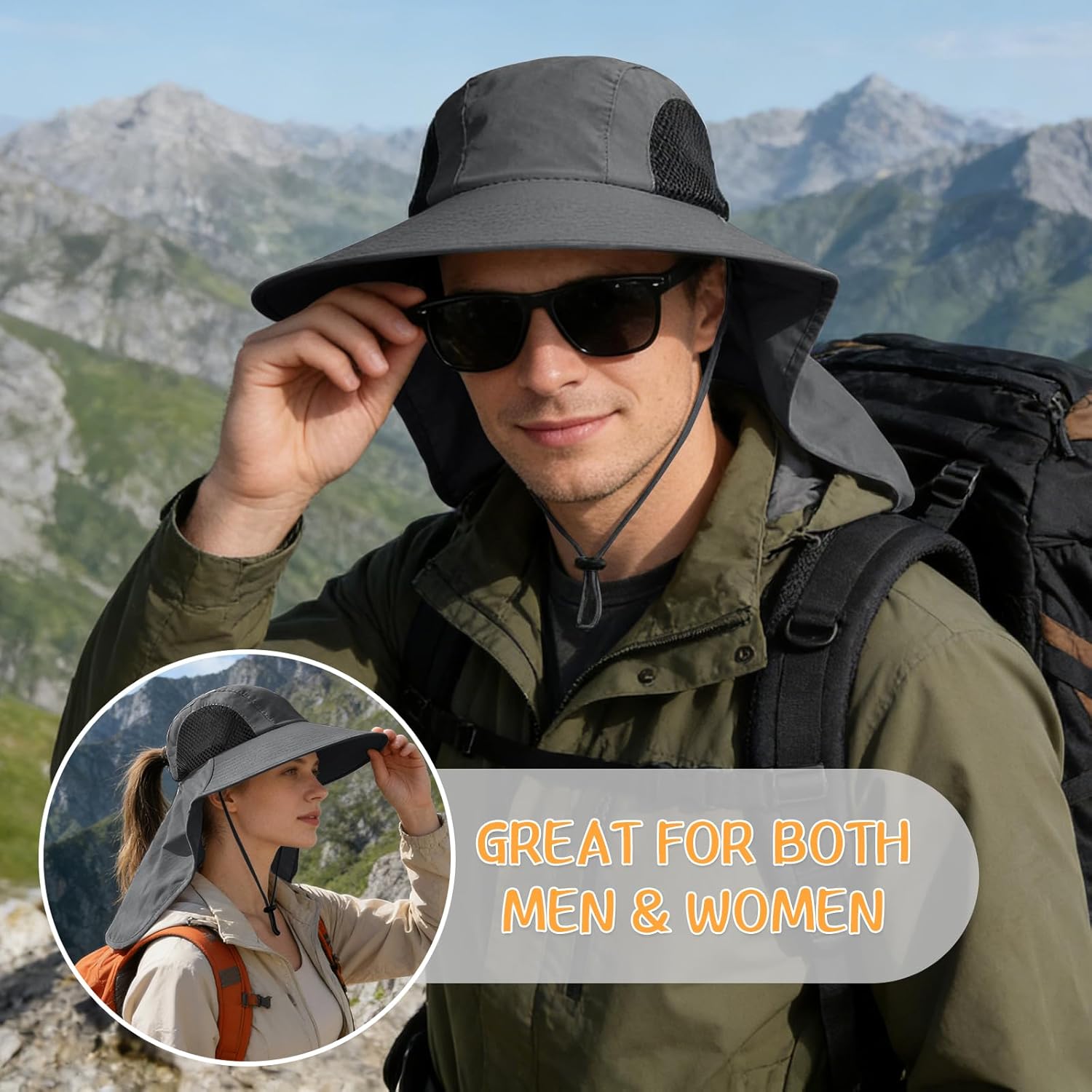 Sun Hat for Men Women with Neck Flap,UPF 50+ UV Protective Hiking Fishing Hats,Wide Brim Sun Hat for Women&Men