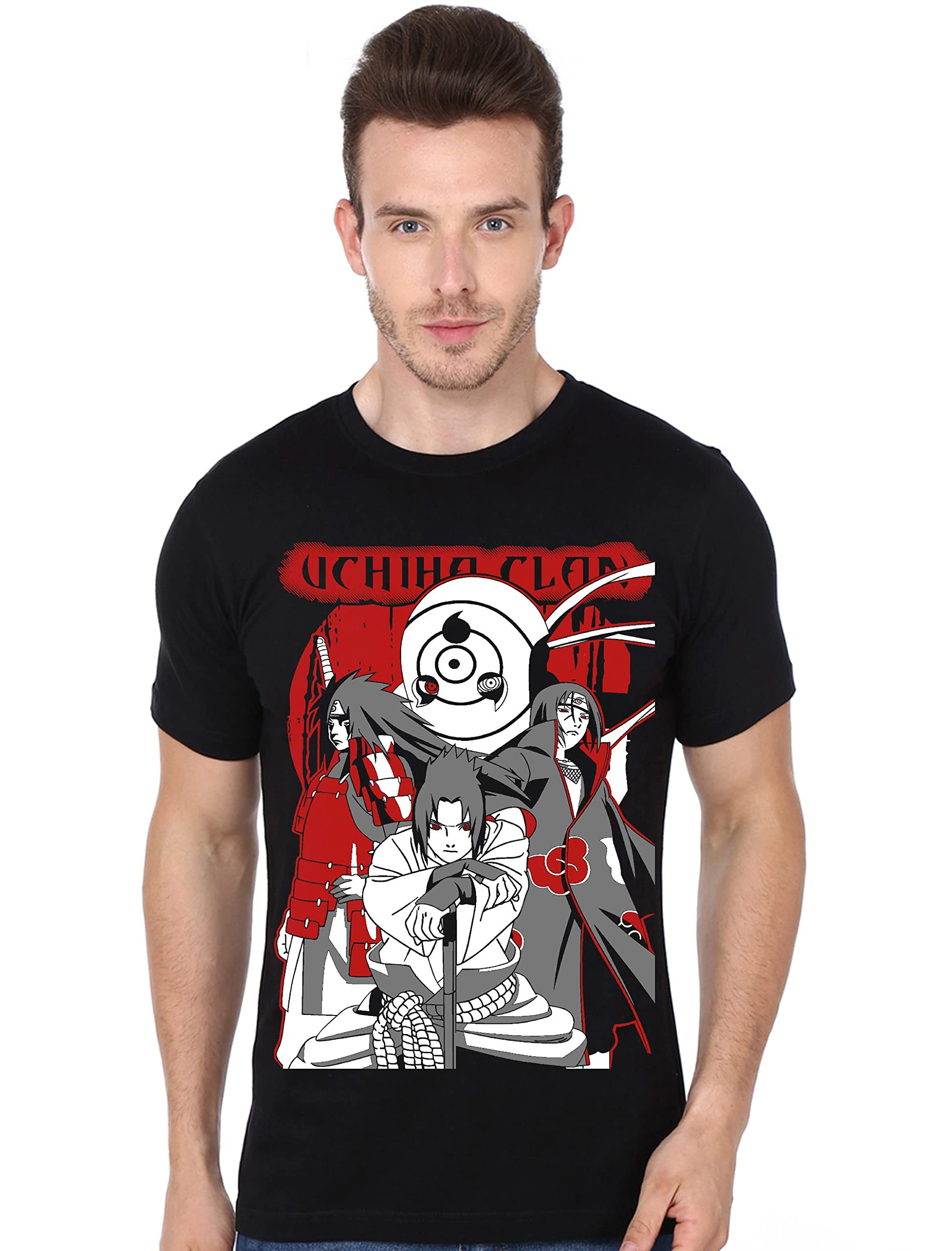 COOQUERound Neck Half Sleeve Printed Anime Itachi Uchiha Clan T-Shirt for Men's/Boy's (Black)