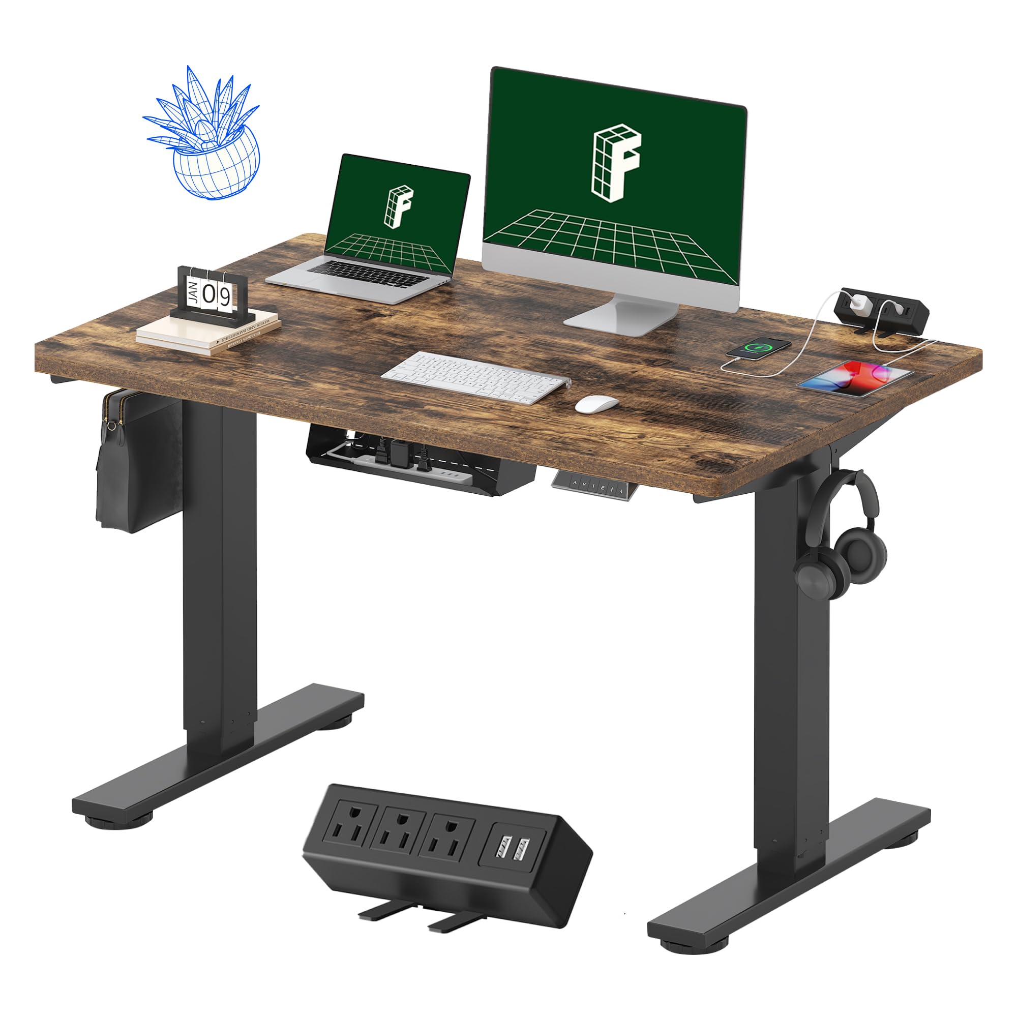 FLEXISPOT EN2 Whole-Piece Standing Desk with Clamp Power Strip, 48 x 30 Electric Stand Up Height Adjustable Desk with Cable Management (Black Frame +