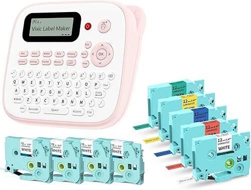 Máquina etiquetadora D210S con 9 cintas de etiqueta, 4 cintas negras sobre blancas, cintas de etiquetas de color negro sobre blanco, amarillo, azul,