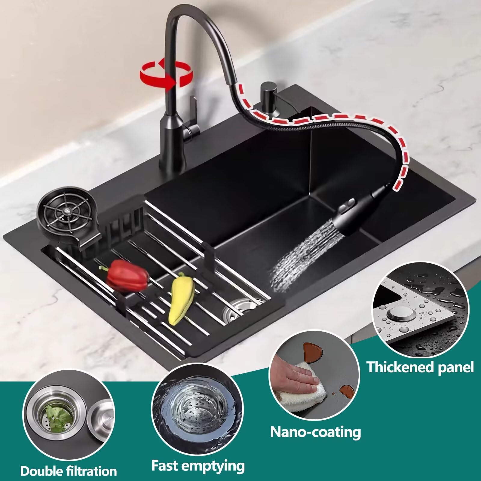 Spülbecken Schwarz mit Armatur – Spüle Edelstahl Set | Nano Küchenspüle 1 Becken mit Tassenwascher, Seifenspender, Abtropfkorb & Ablaufgarnitur für Küche, Bar oder Wohnmobil