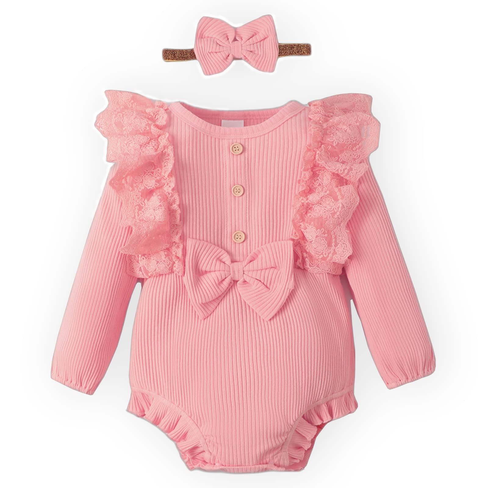 Photo 1 of Newborn Baby Girl Clothes Romper Onesie Lace Ruffle Jumpsuit Button Solid Color Cute Infant Girl Outfits with Headband 0-3M Pink