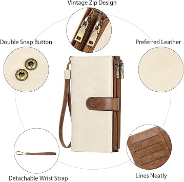 GOIACII Ladies Large Purse Soft Leather Women's Wallet, 2 Zipper Coin Phone Pockets, Detachable Wrist Strap, 5 ID Windows, RFID Blocking Travel Credit Card Holder, White Brown