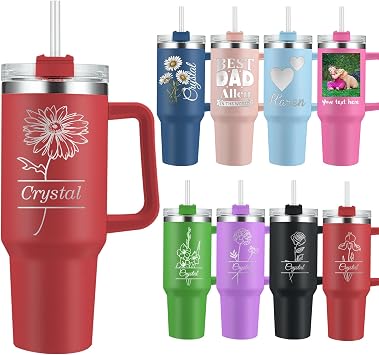 Personalized Tumbler with Handle 40oz Custom Birth Flower Engraved Name Tumblers with Straw Lid Customized Stainless Steel Insulated Cups Gift for Women Men Him Her