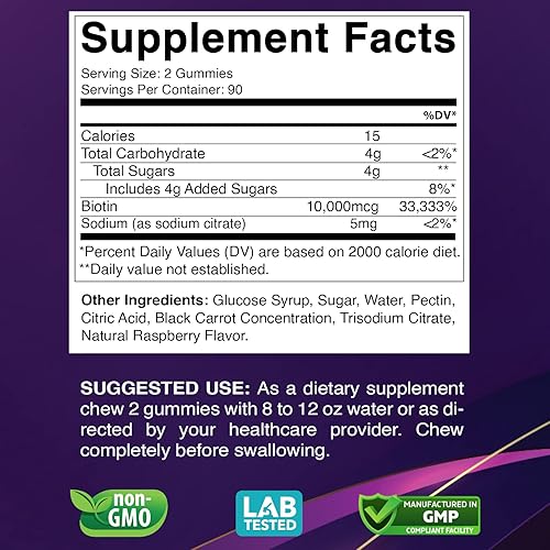 Miniatura 2 de VITABOD Gomitas de biotina 10000 mcg para el crecimiento saludable del cabello, la piel y las uñas, vitaminas para mujeres, hombres y niños,
