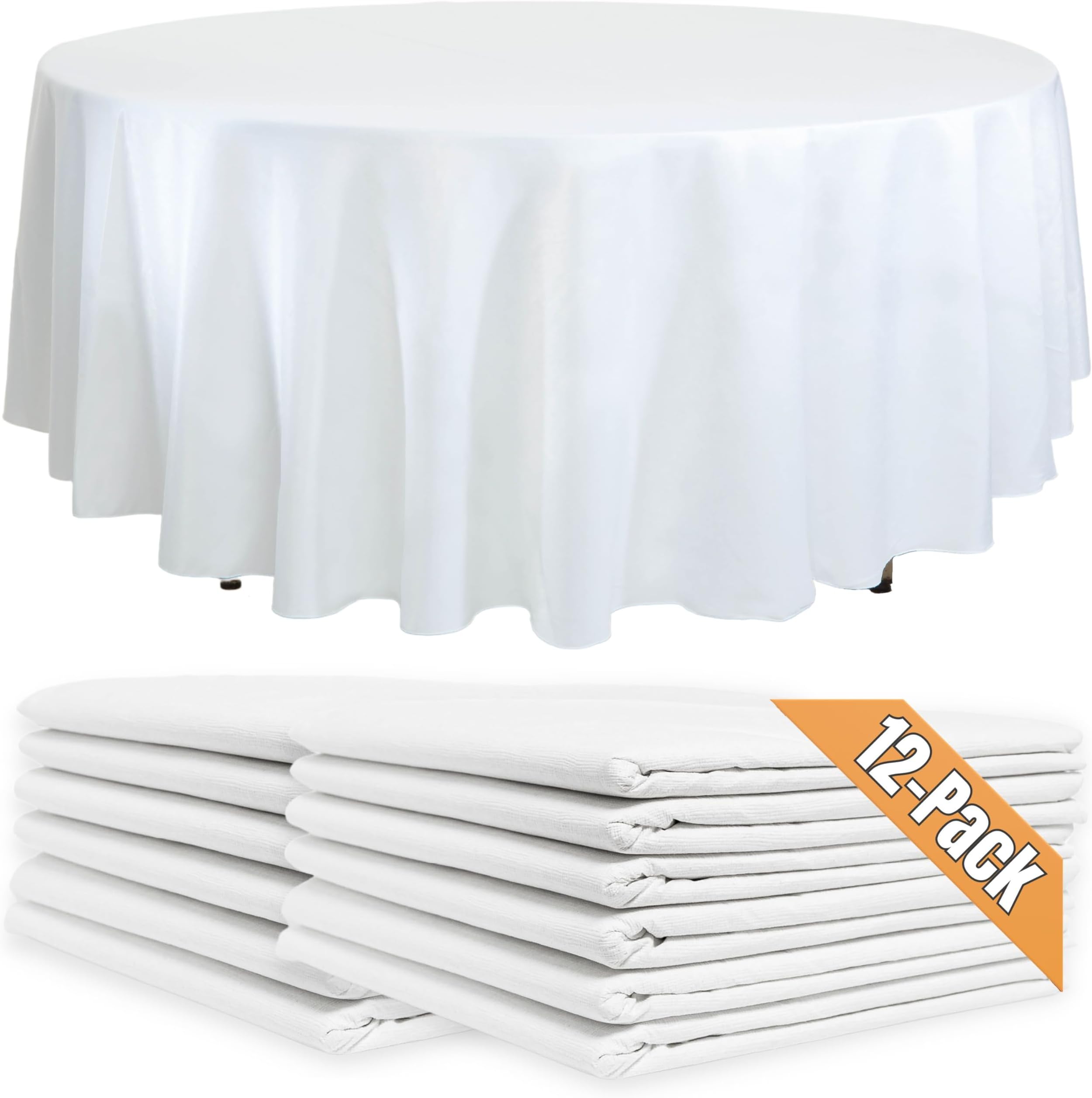 12-Pack White Round Paper Tablecloths - 82in Disposable Tablecloth with Plastic Backing - Elegant Table Cover for Parties, Weddings, Events - Round Table Cloth for Easy Cleanup