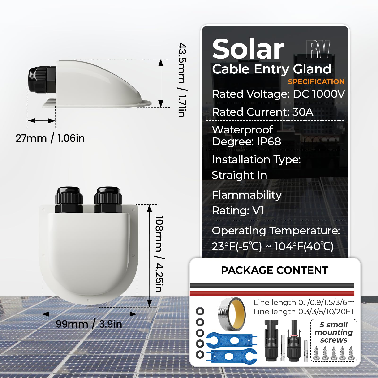 Prensaestopas de entrada de cable solar impermeable PV de múltiples longitudes con carcasa de policarbonato resistente a los rayos UV, incluye cinta de butilo para sistemas solares de caravana