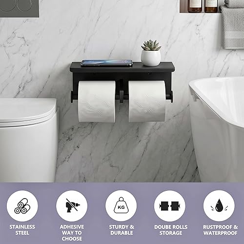 Miniatura 3 de Soporte de papel higiénico doble - Estante de rollo de papel higiénico de acero inoxidable con estante de almacenamiento