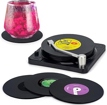 Retro Vinyl Record Coasters with Player, Set of 6 Music Coasters for Drinks