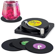 Retro Vinyl Record Coasters with Player, Set of 6 Music Coasters for Drinks