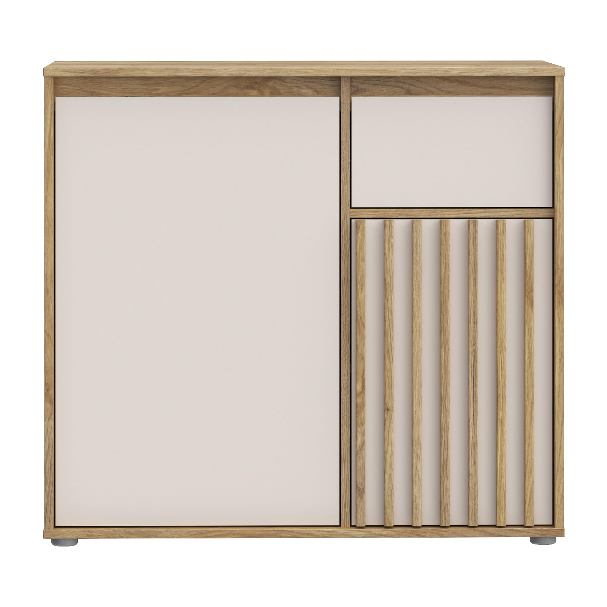 Forte ELISTON Kommode 90, Moderne Kommode mit Lamellendesign, 2-türig, 1 Schublade, Wohn-/Schlafzimmer, Mauvella Eiche Holzdekor|Kashmir Beige, 89 cm breit x 81,7 cm hoch x 41,5 cm tief