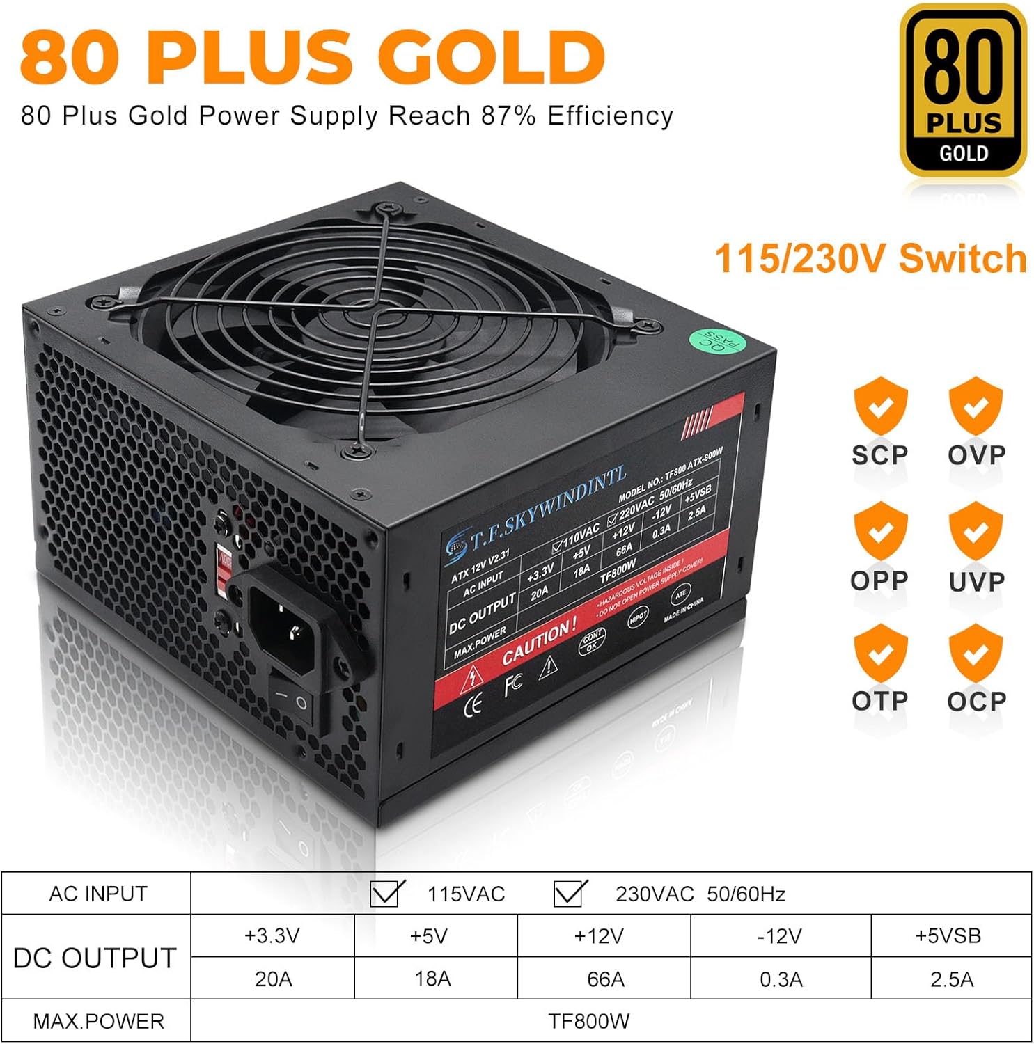 800W Power Supply 80 Plus Gold PSU Standard ATX Computer Power Supplies Non Modular Build-in 120MM Ultra-Quiet FDB Fan with 115/230V Switch for Desktop Gaming PC Server