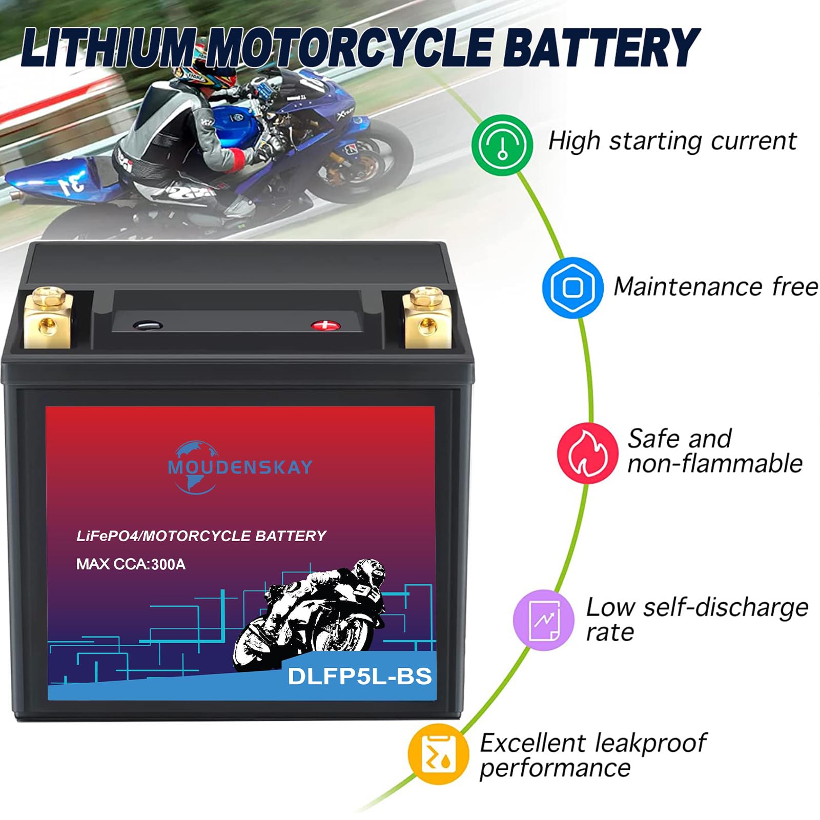 Akumulator litowy do motocykla 12V Akumulator litowy Powersports z BMS, YTX5L-BS 3AH 300CCA LiFePO4 Akumulator rozruchowy do motocykli, ATV, UTV, skuterów śnieżnych i więcej