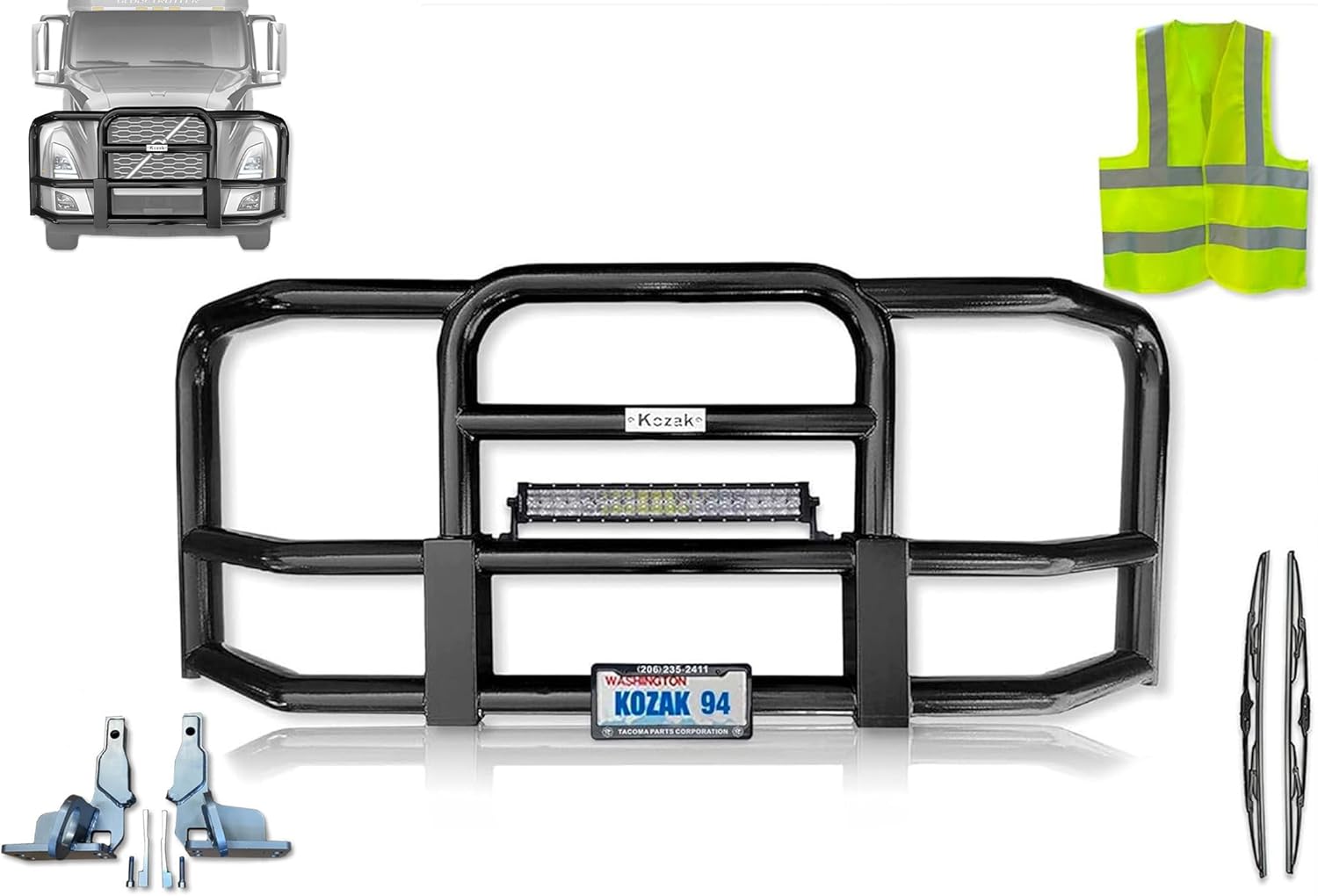 KOZAK Front Grille Deer Moose Brush Guard Compatible with Volvo Vnl 2018+ with 22" LED Fog light mounting bracket 2x 22" Windshield Wipers, Logo, License holder with frame and Vest