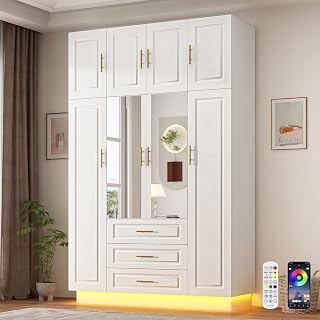 Hlivelood Large 4-Door White Armoire Wardrobe with RGB LED Lights, Drawers, Shelves & Hanging Rod - Bedroom Storage Cabinet