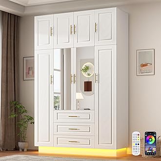 Large Armoire Wardrobe Closet Cabinet with Drawers and LED Lights, Multi-Tier Shelves, Hanging Rod, Large Capacity Storage 4 Door Wardrobe Armoire with Top Cabinet for Bedroom, White