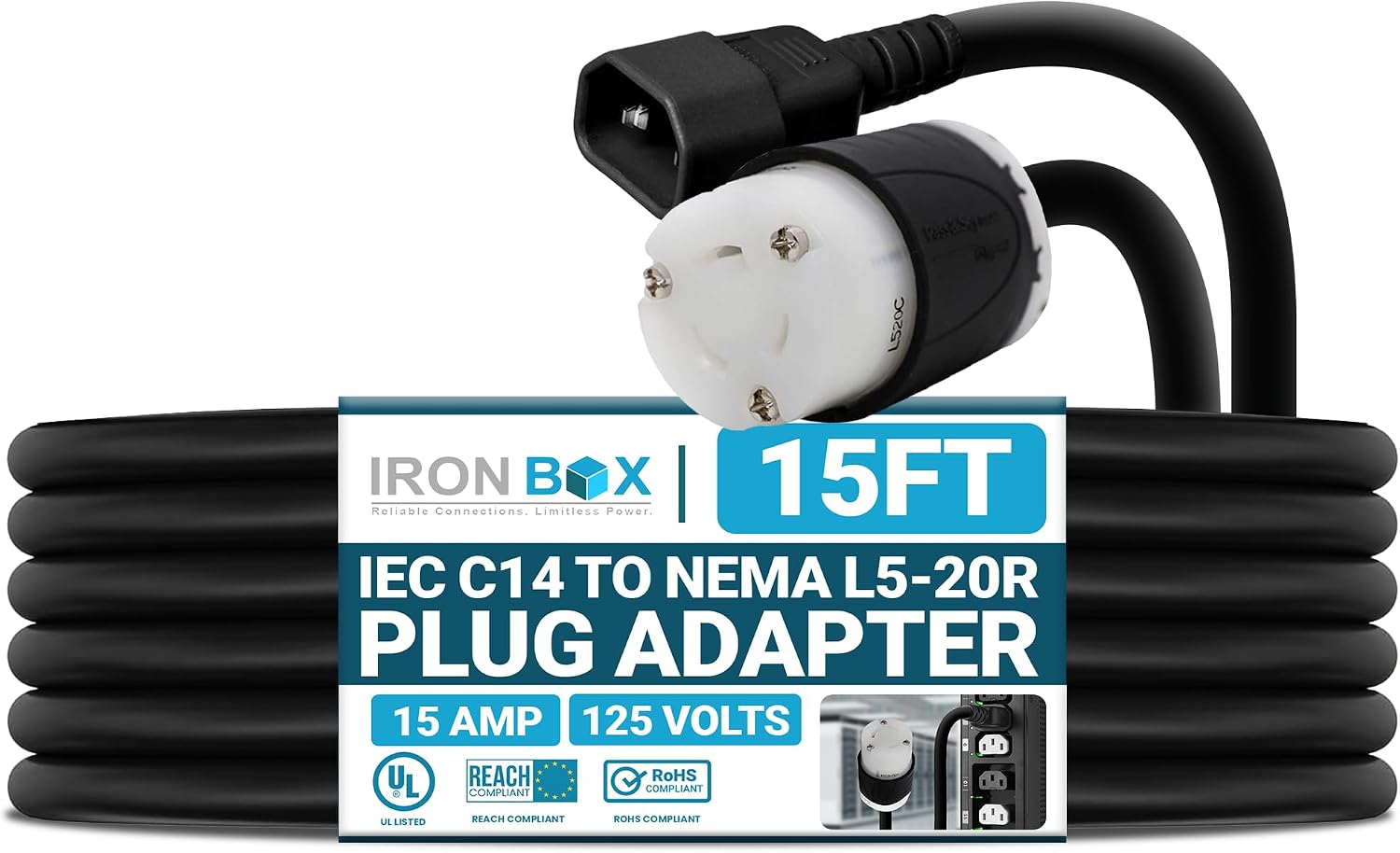 IronBox Electric - IEC C14 to NEMA L5-20R Plug Adapter Power Cord - Rated for 15A/125V - 14 AWG - UL Listed Twist Lock Extension Cable - Heavy Duty Power Cable for Server Rack or Data Center (1 Foot)