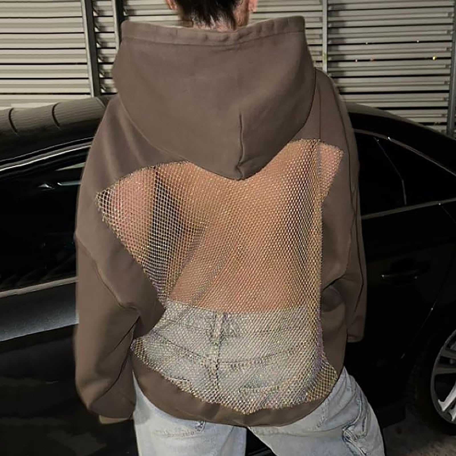 Felpa oversize da donna con cappuccio e retro in rete traspirante