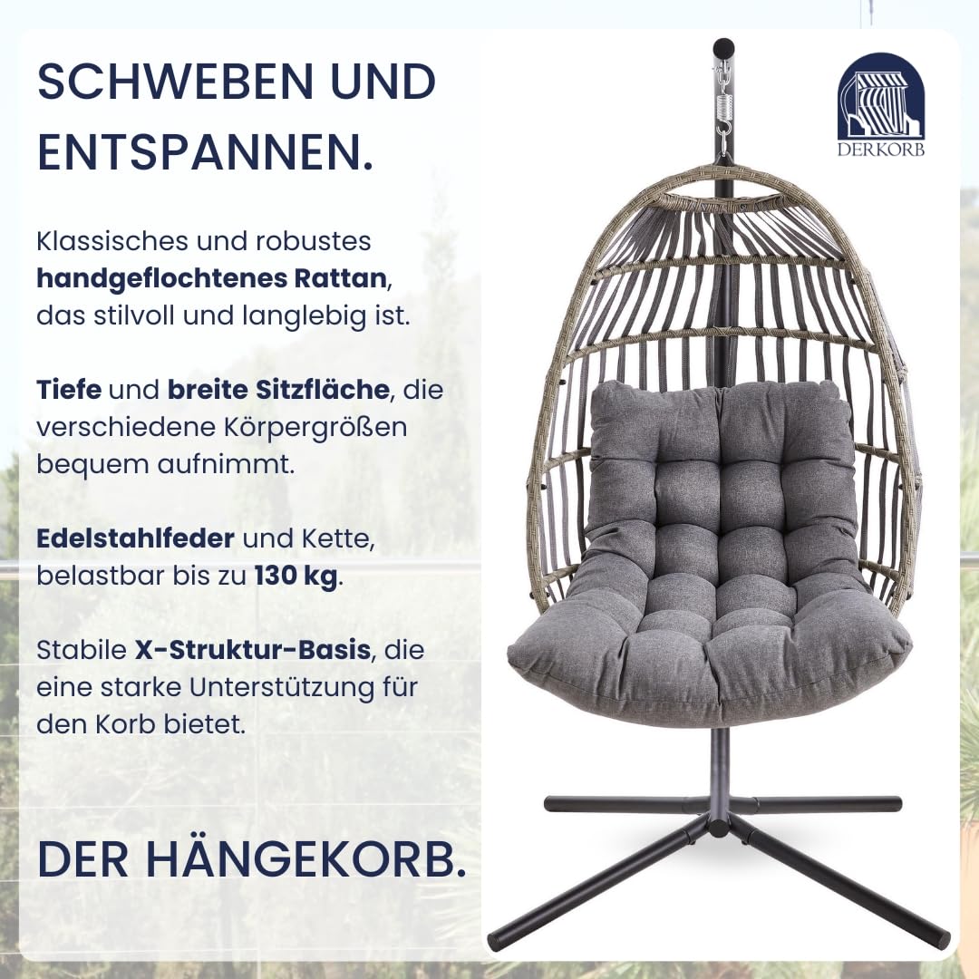 Der Hängekorb - Hängesessel mit Gestell, wetterfest inkl. Polster – Rattan Hängeschaukel für Garten & Indoor, Outdoor Schaukelsessel in Anthrazit