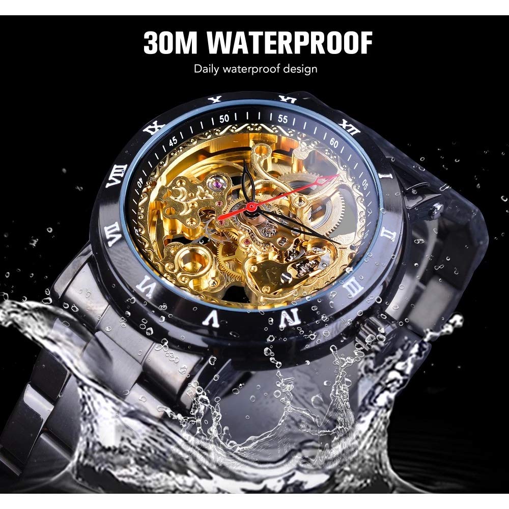 MASTOP Orologio da uomo meccanico automatico, in acciaio inox, a carica automatica, con scheletro, numeri romani