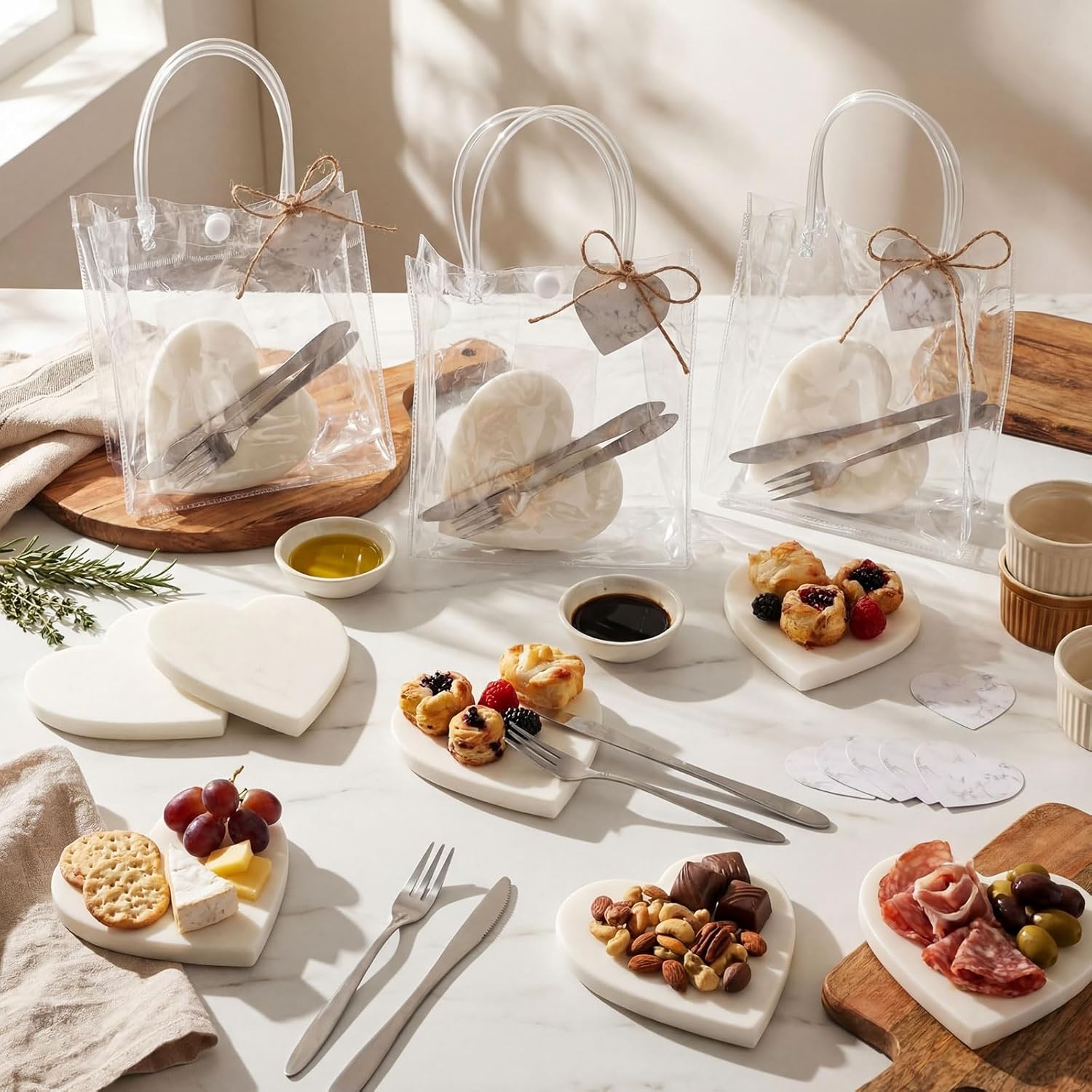 12 Set Bridal Shower Gift Party Favors Marble Heart Shaped Charcuterie Cutting Board with Cheese Knives Fork Set Cards Jute Rope PVC Bags for Guest Wedding Birthday Valentine Baby Prize