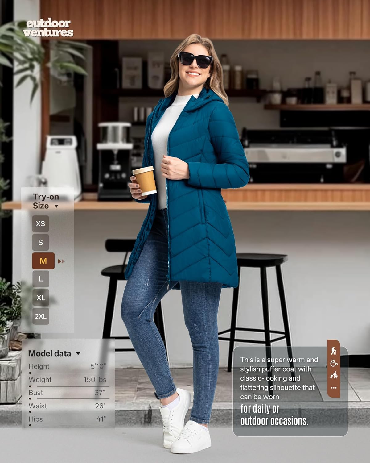 Outdoor Ventures Women's Long Hooded Lightweight Puffer Coat Quilted Insulated Winter Jacket