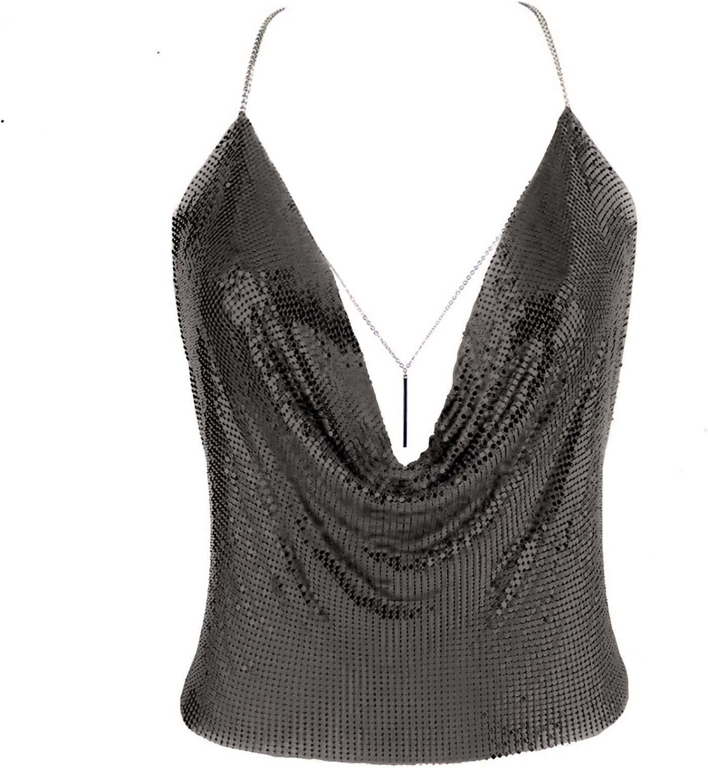Gold Sexy Tops for Women Sparkly Deep V Neck Crop Tank Tops Cami Body Chain Top