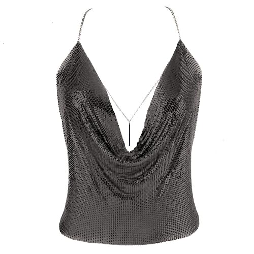 Luxexy Gold Sexy Tops for Women Sparkly Deep V Neck Crop Tank Tops Cami Body Chain Top - Black - Smooth Alloy