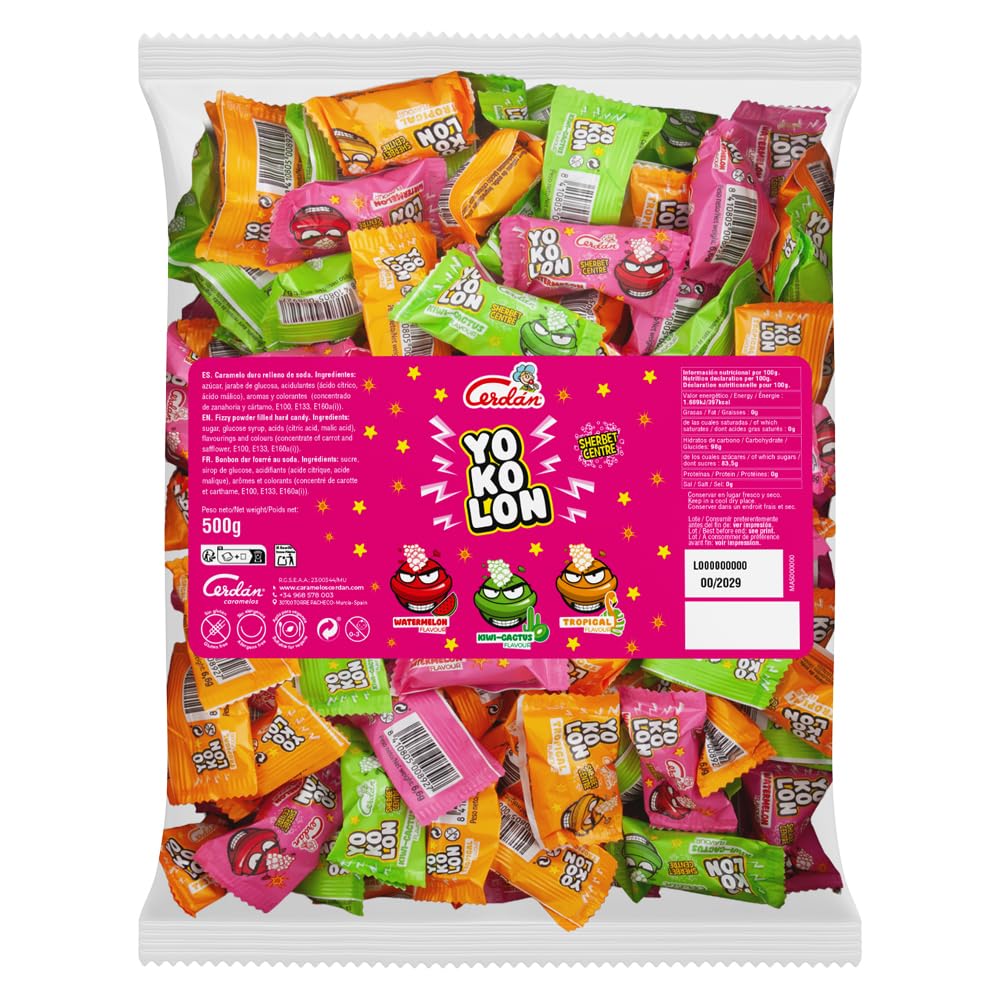 Caramelos Cerdán - Bolón Yokolón sabores sandía, kiwi/cactus y tropical con relleno efervescente de soda | Caramelo duro intenso y divertido | Sin gluten ni alérgenos. Bolsa 75 uds aprox. – 500 g