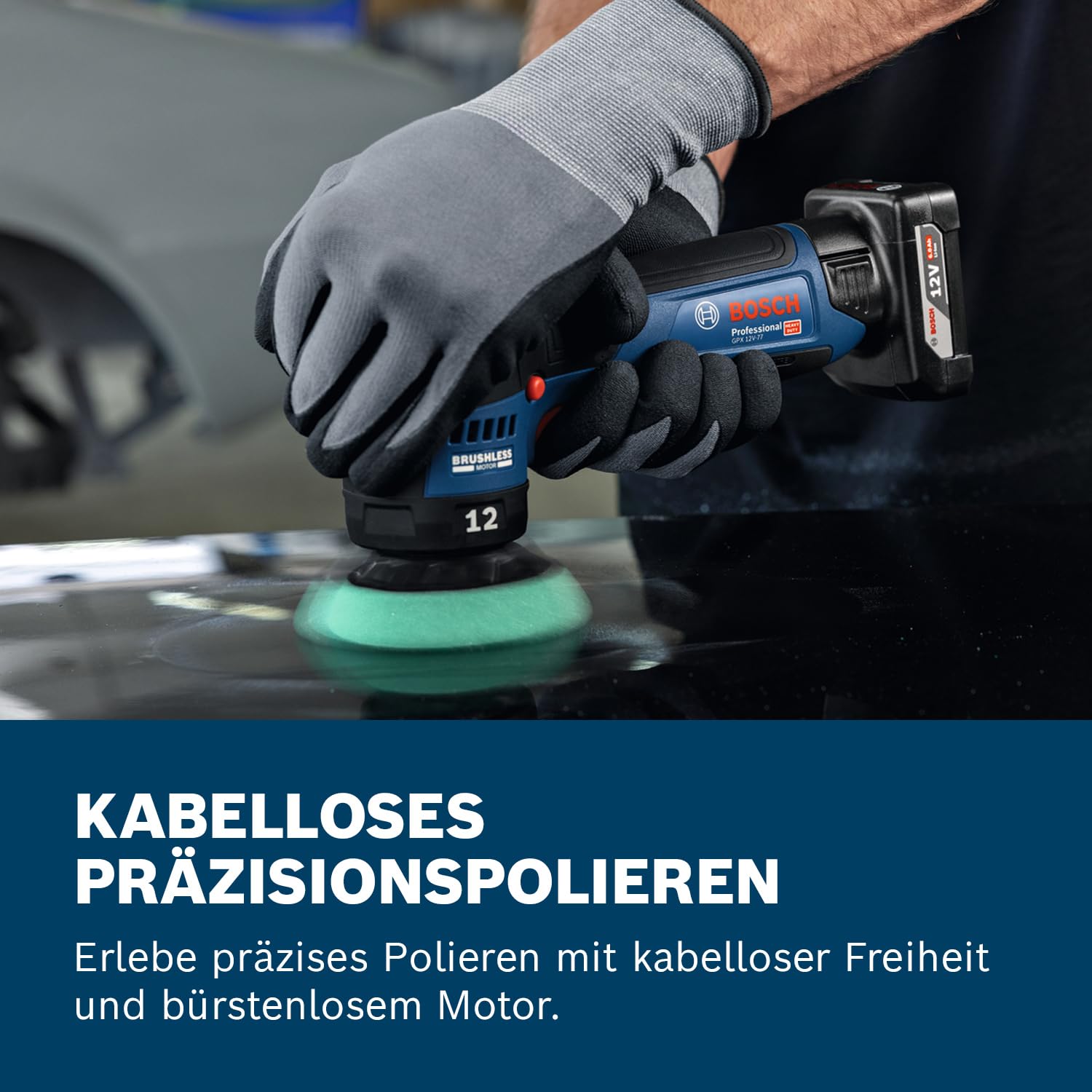 Bosch Professional 12V System Akku-Polierer GPX 12V-77 (inkl. montiertem 77 mm Klett-Stützteller, 77 mm Polier- und Scheuerschwamm)