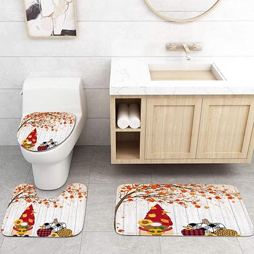 Miniatura 7 de ArtSocket Juego de baño de otoño con cortina de ducha y accesorios de alfombras, cortina de ducha de gnomo de árbol de arce, calabaza para baño,