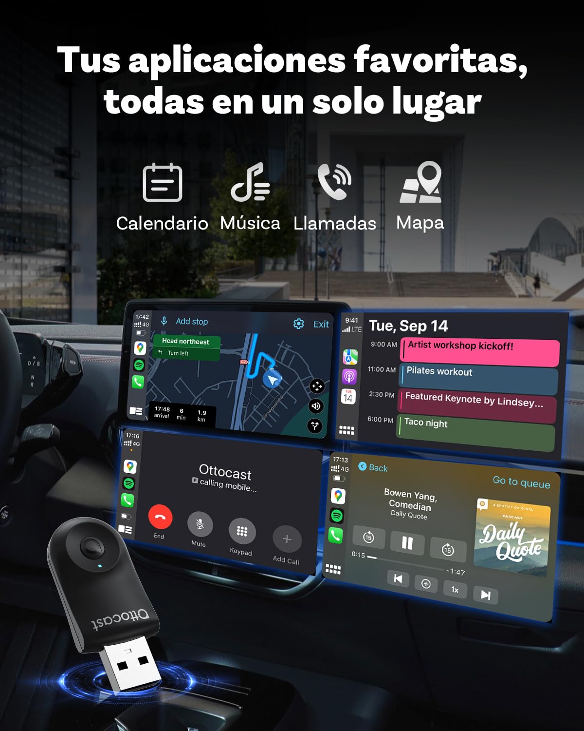 Mejorado 2025-2-en-1 Adaptador inalámbrico CarPlay y Android Auto, OTTOCAST Mini para iOS 10+ y Android 11+, Convierte CarPlay por Cable a inalámbrico, Compatible con USB-A y USB-C (Negro)
