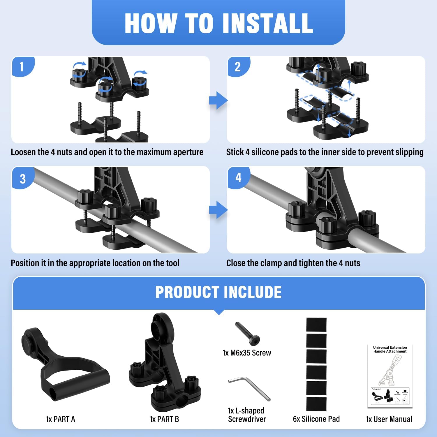 Universal Handle Attachment for Snow Shovel, Goldusk 5-Angle Ergonomic Snow Shovel Handle Replacement, ABS+GF Handle Extension for Snow Shovel, Rake, String Trimmer, Back-Saving Design