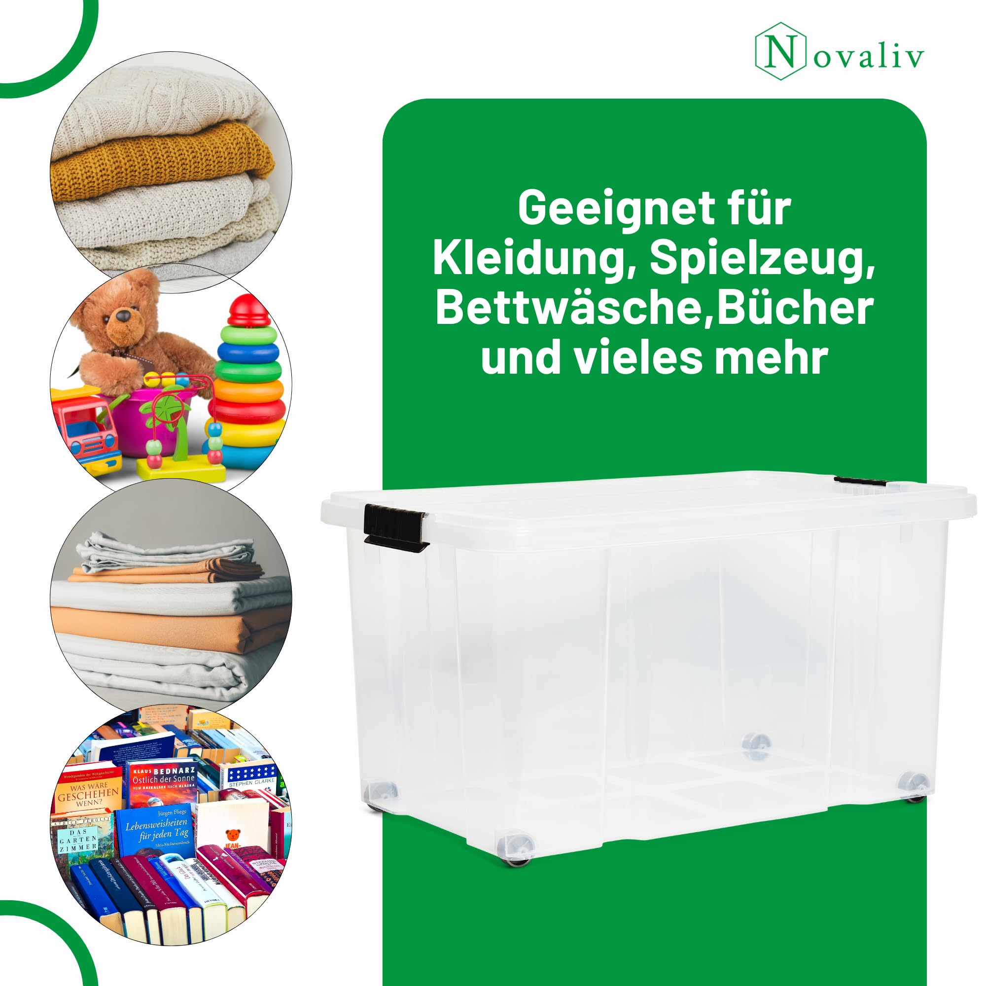 Novaliv 3 scatole portaoggetti con coperchio, grandi 55 l, impilabili con chiusura a clip, in plastica, senza BPA, 61 x 40 x 32,5 cm