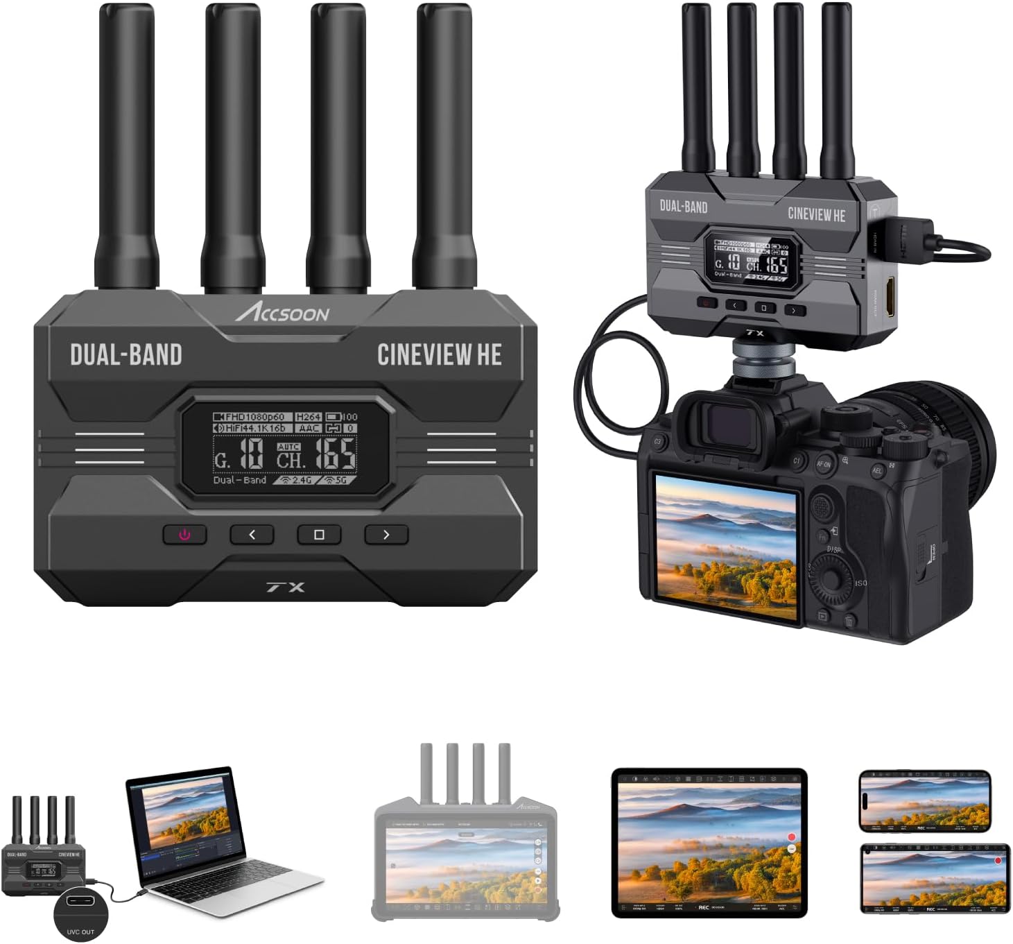 Accsoon CineView HE Wireless Video Transmission HDMI Transmitter&Receiver Dual-Band 60ms Latency 1200FT Range UVC Livestreaming 4 Devices Monitoring, Compatible Cineview M7 Pro/SE/2 SDI for Filmmaking