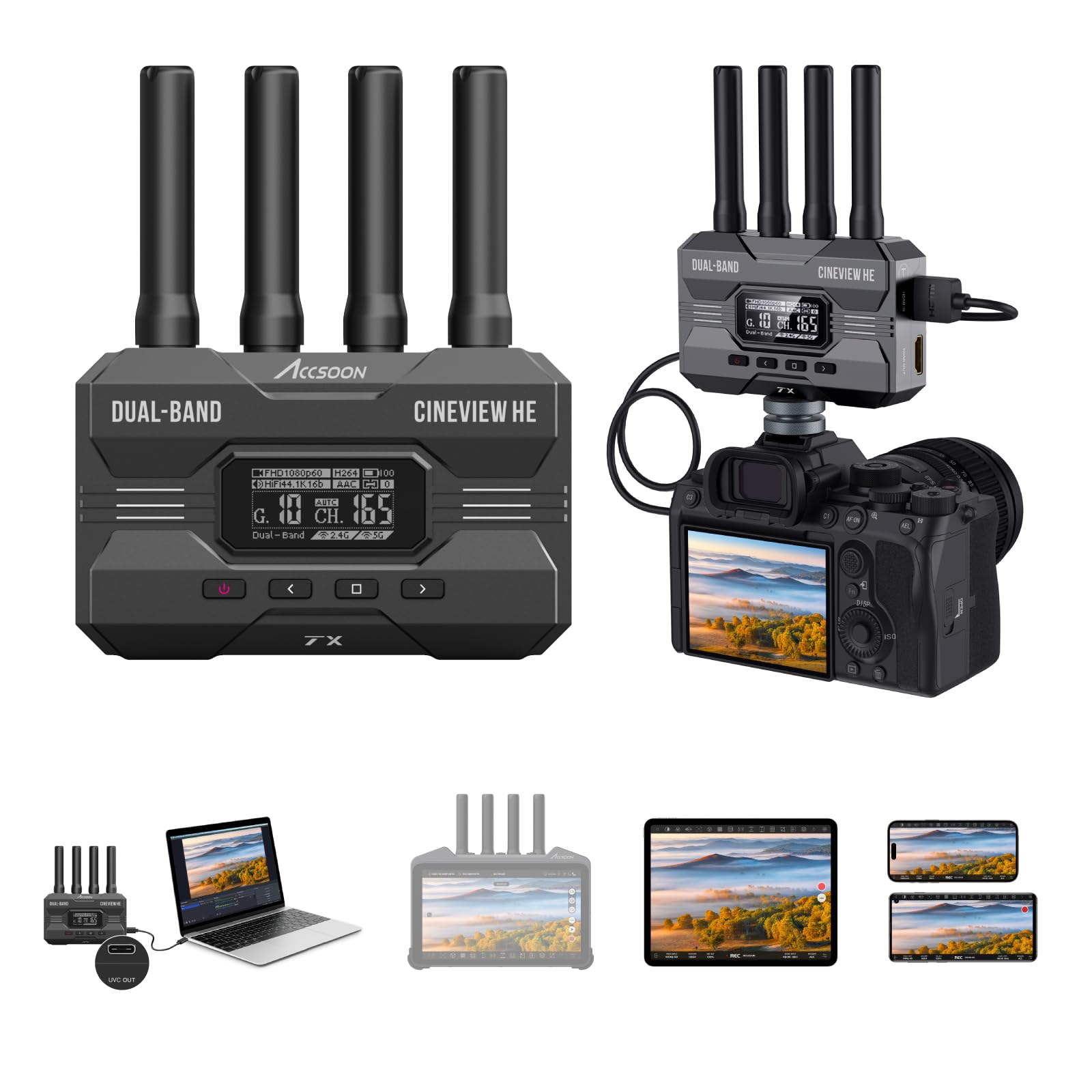 Accsoon CineView HE Wireless Video Transmission HDMI Transmitter&amp;Receiver Dual-Band 60ms Latency 1200FT Range UVC Livestreaming 4 Devices Monitoring, Compatible Cineview M7 Pro/SE/2 SDI for Filmmaking