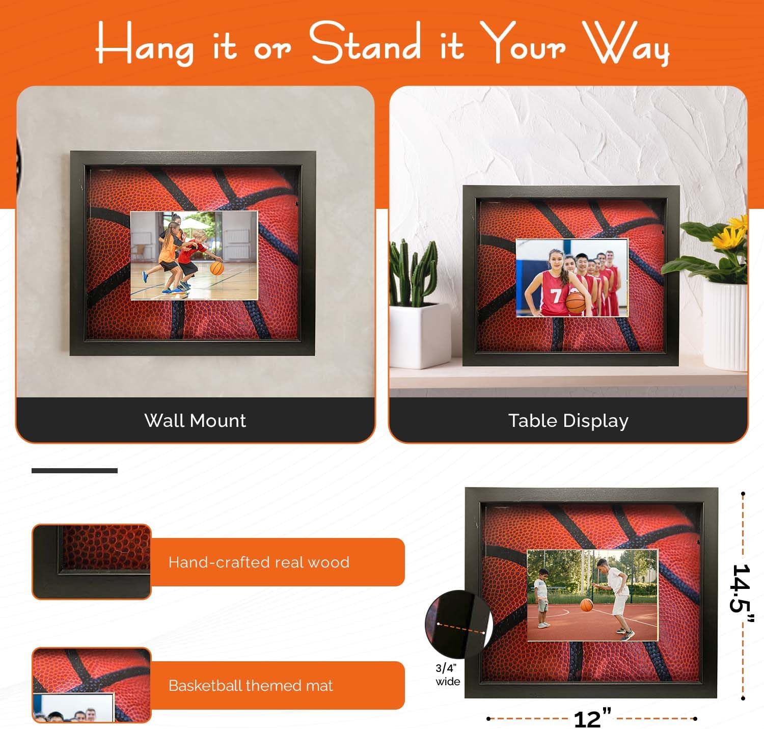 iFrame Commemorative Sports Athletics Picture Frame I Fits 5x7 Photograph I Real Wood Black Finish I Desktop, Table Or Wall Mount I Shatterproof Plexiglass I Made In USA I Basketball