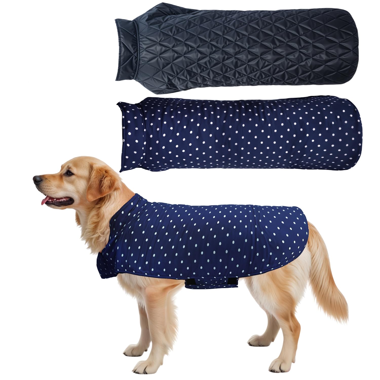 Winter Dog Jacket Reversible Cloth 18 Inch – Blue Polka Dot Dog Coat, Soft Fabric, Fleece-Lined, Perfect Winter Wear for Dogs