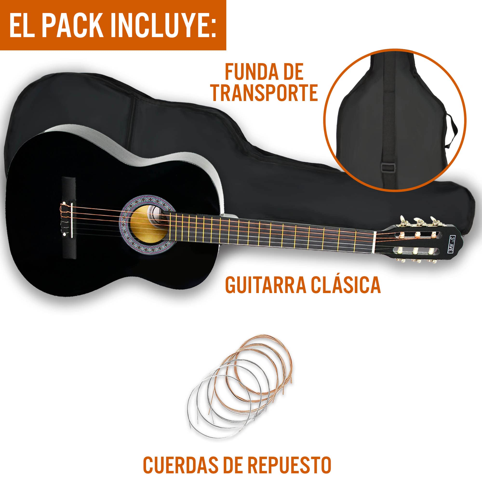 3rd Avenue Paquete Para Principiantes Con Cuerdas De Nailon Español Para Guitarra Clásica 4/4 De Tamaño Completo De – 6 Meses De Lecciones Gratis, Bolsa Y Cuerdas – Negro