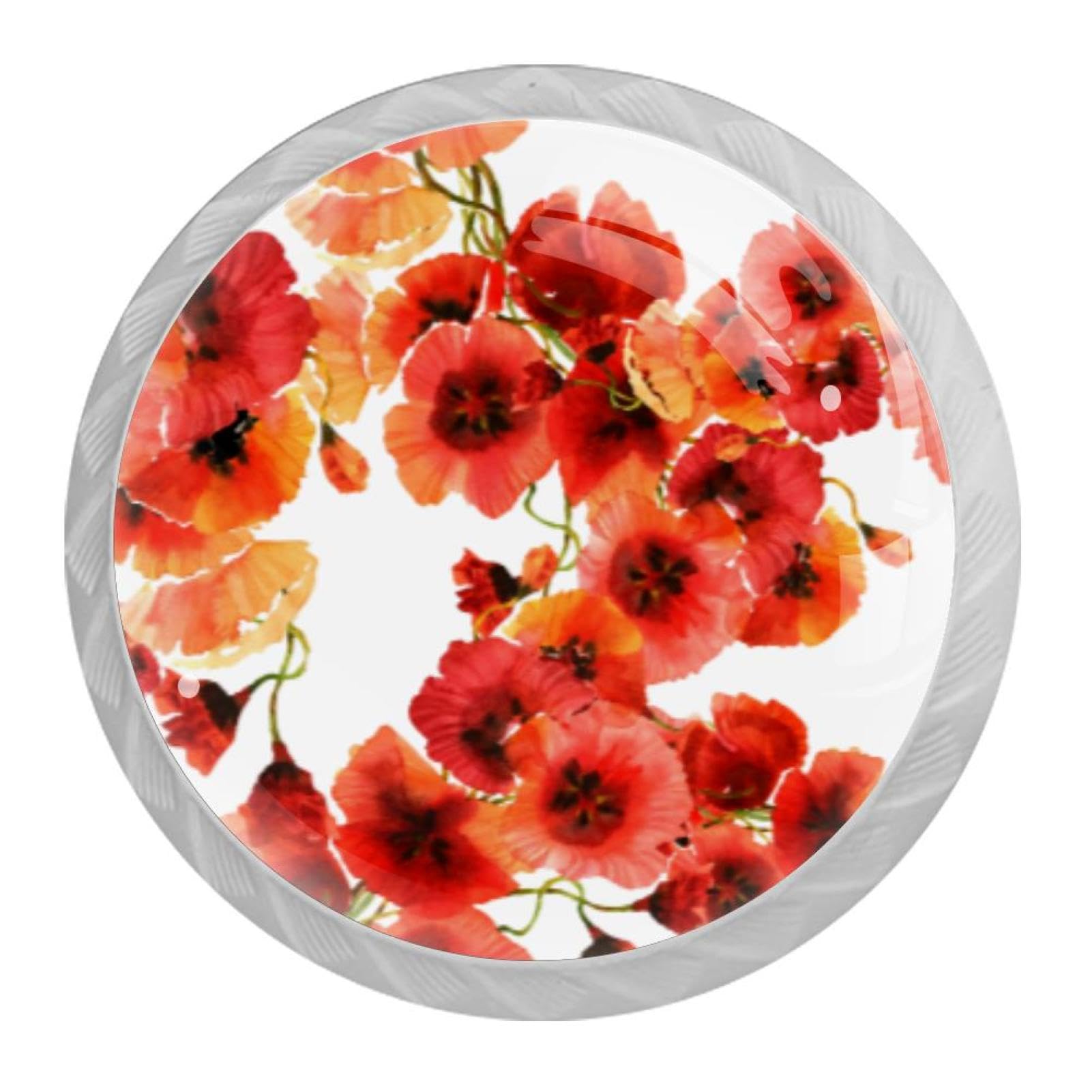 Tqmspg 4 Pieces Drawer Pulls Watercolor Poppy Flower Door Knobs Dresser Handles for Kitchen Wardrobe Cupboard Hardware Furniture