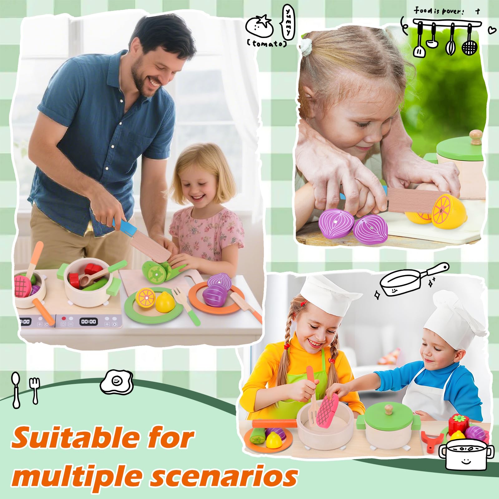 Cocinita de Madera Infantil Juguetes de Cocina para Niños, 27 Piezas Cocina Juguete Ollas y Sartenes, Juego de rol para Niños Mayores de 3 Años